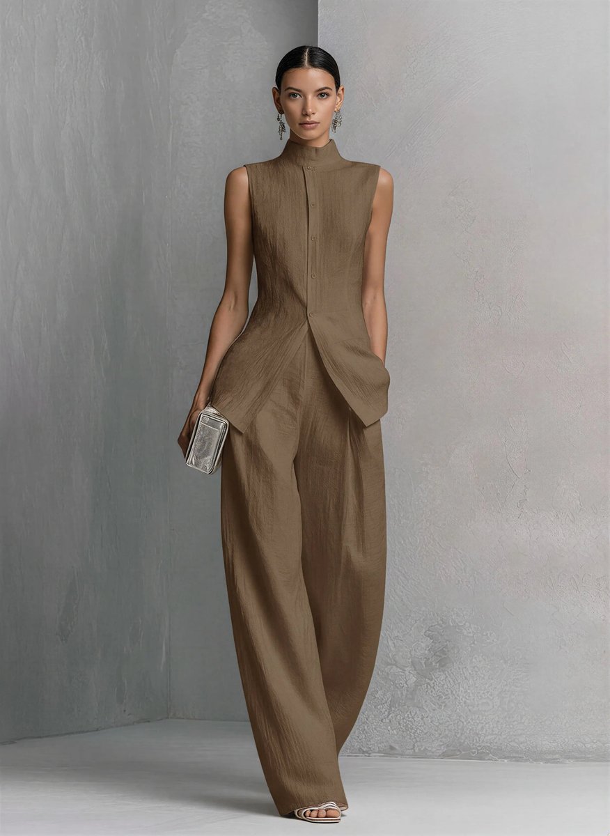 Women's Cotton-Linen Stand-Collar Wide-Leg Two-Piece Set - Back View | Lavisa