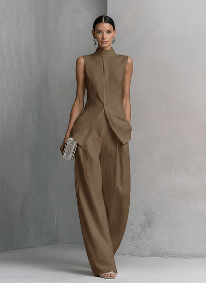 Women's Cotton-Linen Stand-Collar Wide-Leg Two-Piece Set - Back View | Lavisa