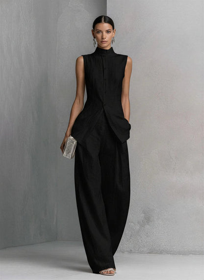 Women's Cotton-Linen Stand-Collar Wide-Leg Two-Piece Set - Close-Up Texture & Detail | Lavisa