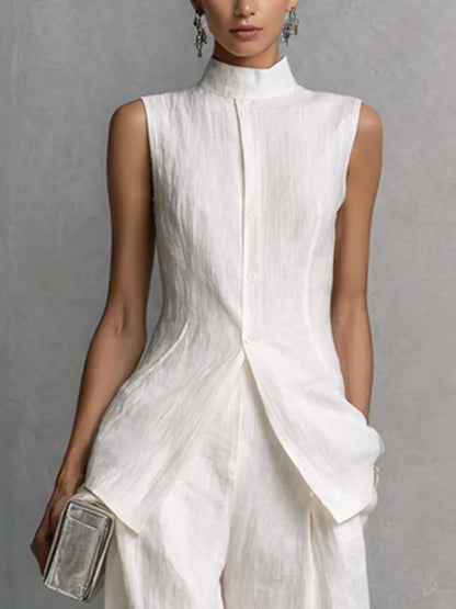Women's Cotton-Linen Stand-Collar Wide-Leg Two-Piece Set - Sole & Material View | Lavisa