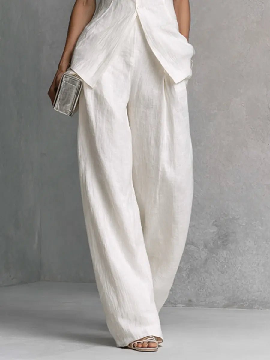Women's Cotton-Linen Stand-Collar Wide-Leg Two-Piece Set - Lifestyle & Model Angle | Lavisa