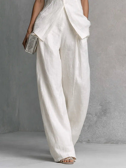 Women's Cotton-Linen Stand-Collar Wide-Leg Two-Piece Set - Lifestyle & Model Angle | Lavisa