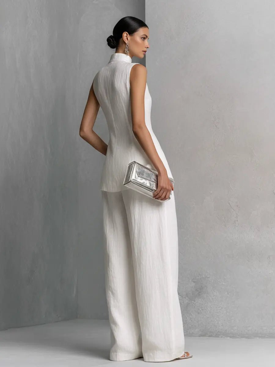 Women's Cotton-Linen Stand-Collar Wide-Leg Two-Piece Set - Variant Angle | Lavisa