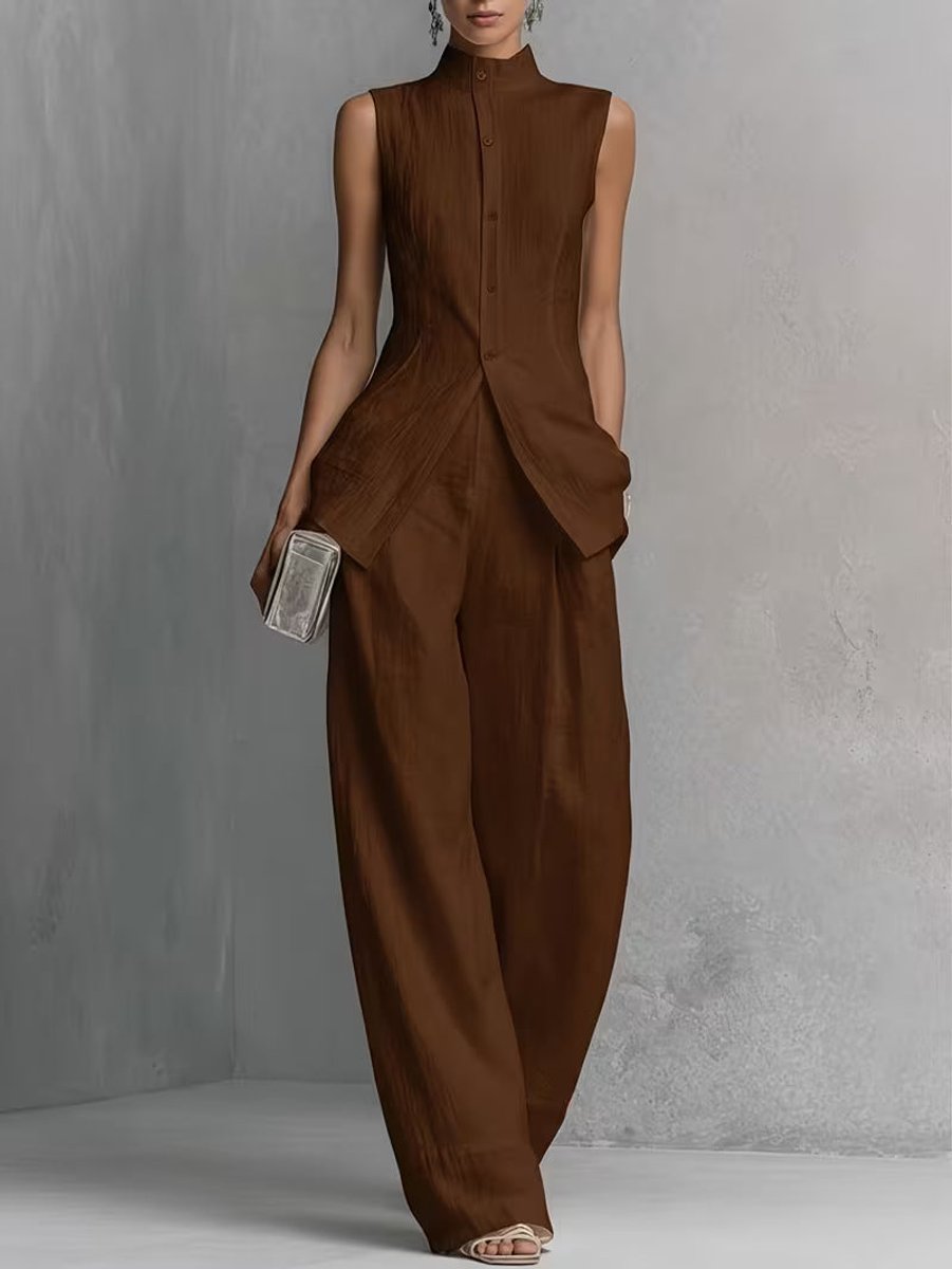 Women's Cotton-Linen Stand-Collar Wide-Leg Two-Piece Set - Variant Style 8 | Lavisa