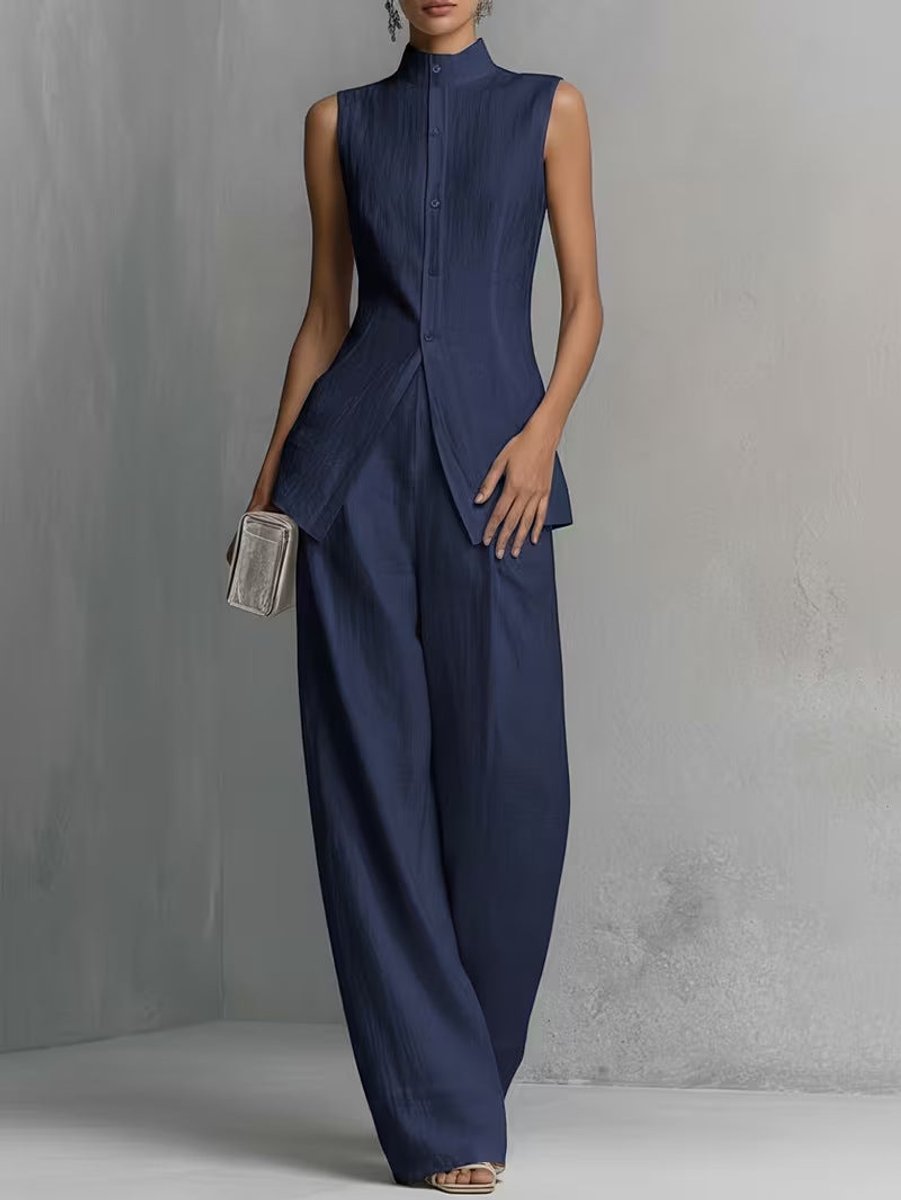 Women's Cotton-Linen Stand-Collar Wide-Leg Two-Piece Set - Variant Style 9 | Lavisa