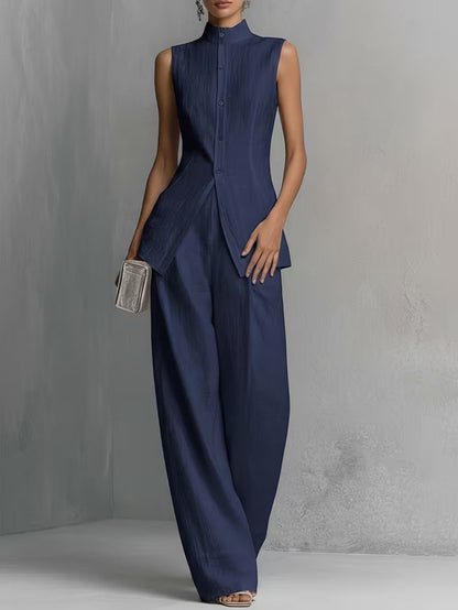 Women's Cotton-Linen Stand-Collar Wide-Leg Two-Piece Set - Variant Style 9 | Lavisa