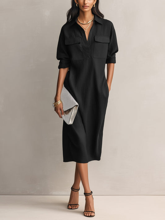 Women's Cotton Linen V-Neck Elbow Sleeve Midi Shirt Dress - Front View | Lavisa
