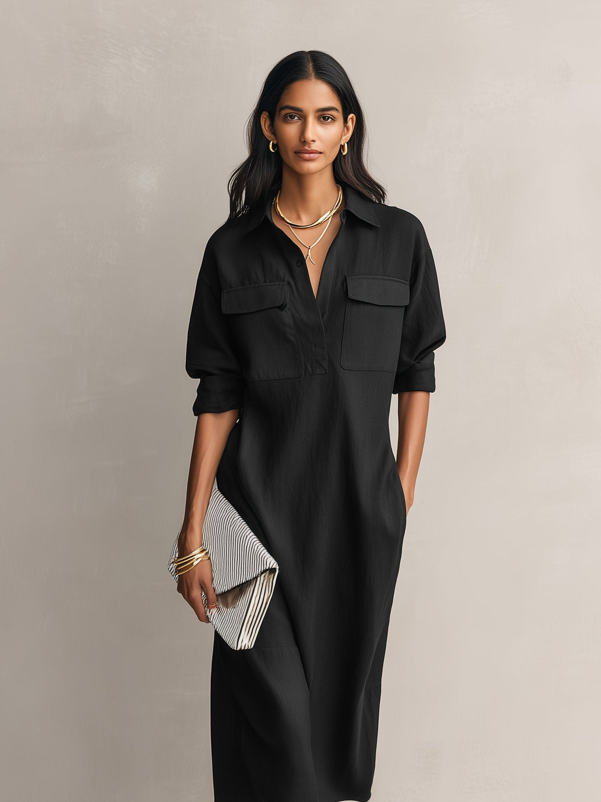 Women's Cotton Linen V-Neck Elbow Sleeve Midi Shirt Dress - Side Angle | Lavisa