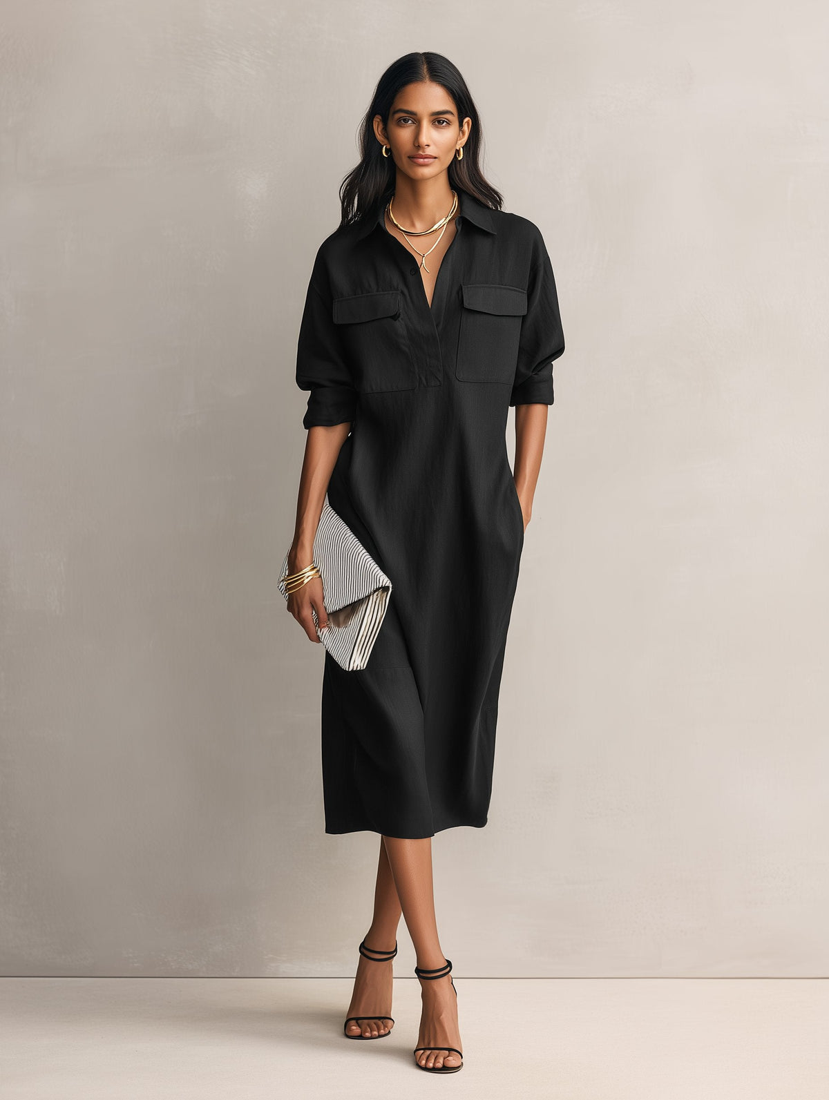 Women's Cotton Linen V-Neck Elbow Sleeve Midi Shirt Dress - Back View | Lavisa
