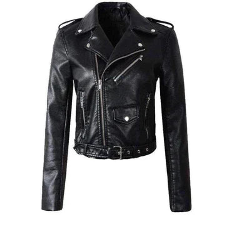 Women's Cropped Biker Faux Leather Jacket Zip-Up - Side Angle | Lavisa