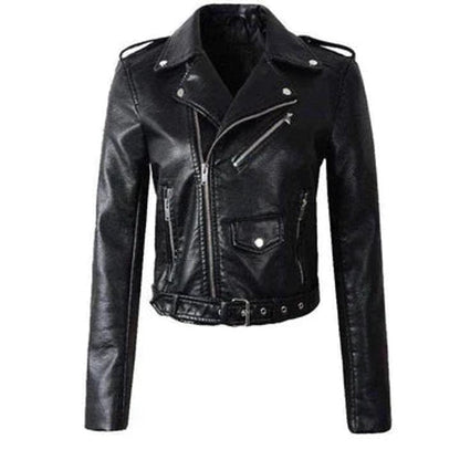 Women's Cropped Biker Faux Leather Jacket Zip-Up - Side Angle | Lavisa