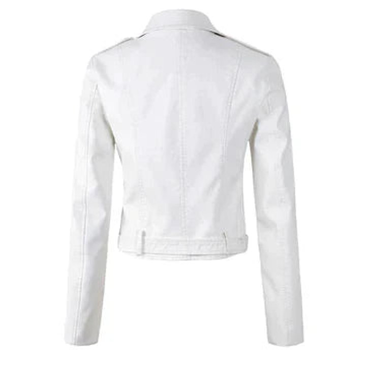 Women's Cropped Biker Faux Leather Jacket Zip-Up - Back View | Lavisa
