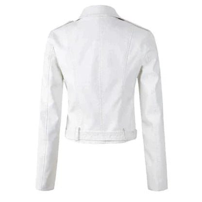 Women's Cropped Biker Faux Leather Jacket Zip-Up - Back View | Lavisa