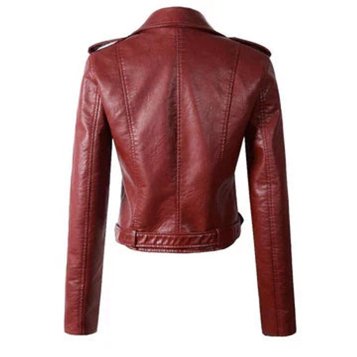 Women's Cropped Biker Faux Leather Jacket Zip-Up - Close-Up Texture & Detail | Lavisa