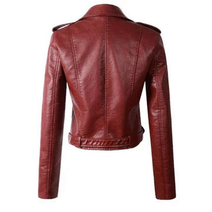 Women's Cropped Biker Faux Leather Jacket Zip-Up - Close-Up Texture & Detail | Lavisa