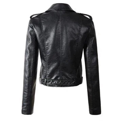 Women's Cropped Biker Faux Leather Jacket Zip-Up - Sole & Material View | Lavisa