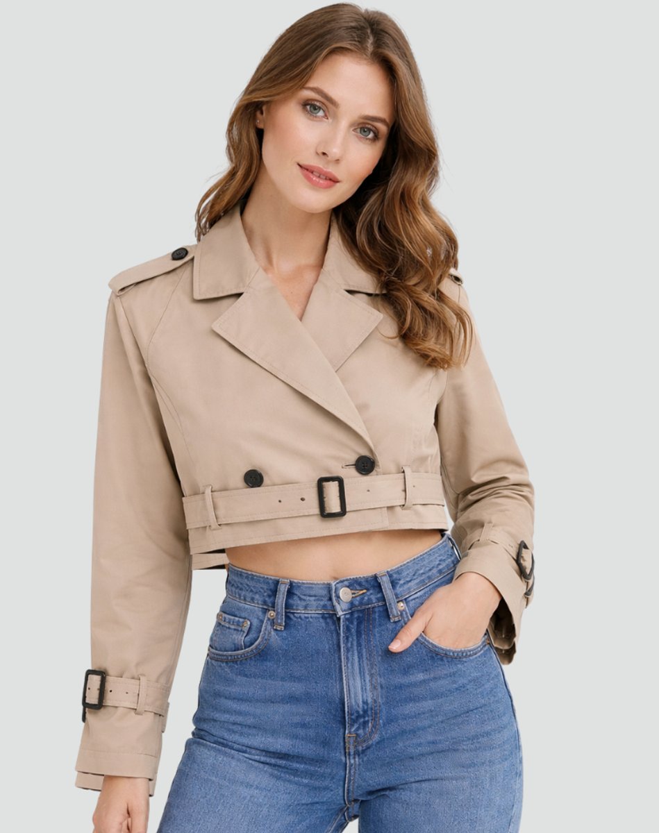 Women's Cropped Double-Breasted Belted Trench Coat Jacket - Front View | Lavisa