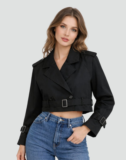 Women's Cropped Double-Breasted Belted Trench Coat Jacket - Variant Style 10 | Lavisa