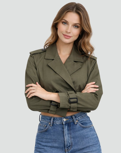 Women's Cropped Double-Breasted Belted Trench Coat Jacket - Side Angle | Lavisa