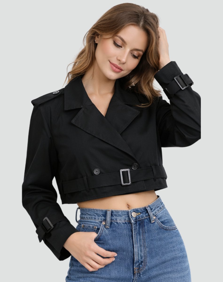 Women's Cropped Double-Breasted Belted Trench Coat Jacket - Back View | Lavisa