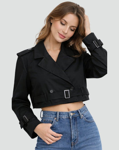 Women's Cropped Double-Breasted Belted Trench Coat Jacket - Back View | Lavisa