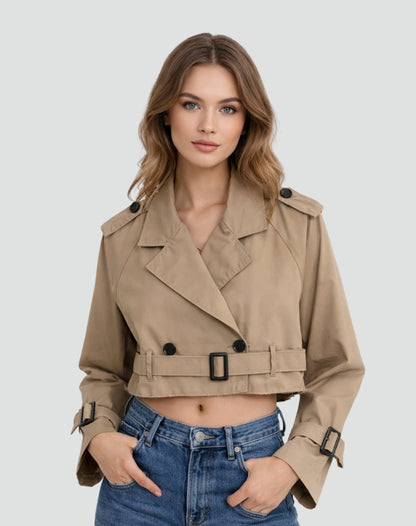 Women's Cropped Double-Breasted Belted Trench Coat Jacket - Close-Up Texture & Detail | Lavisa