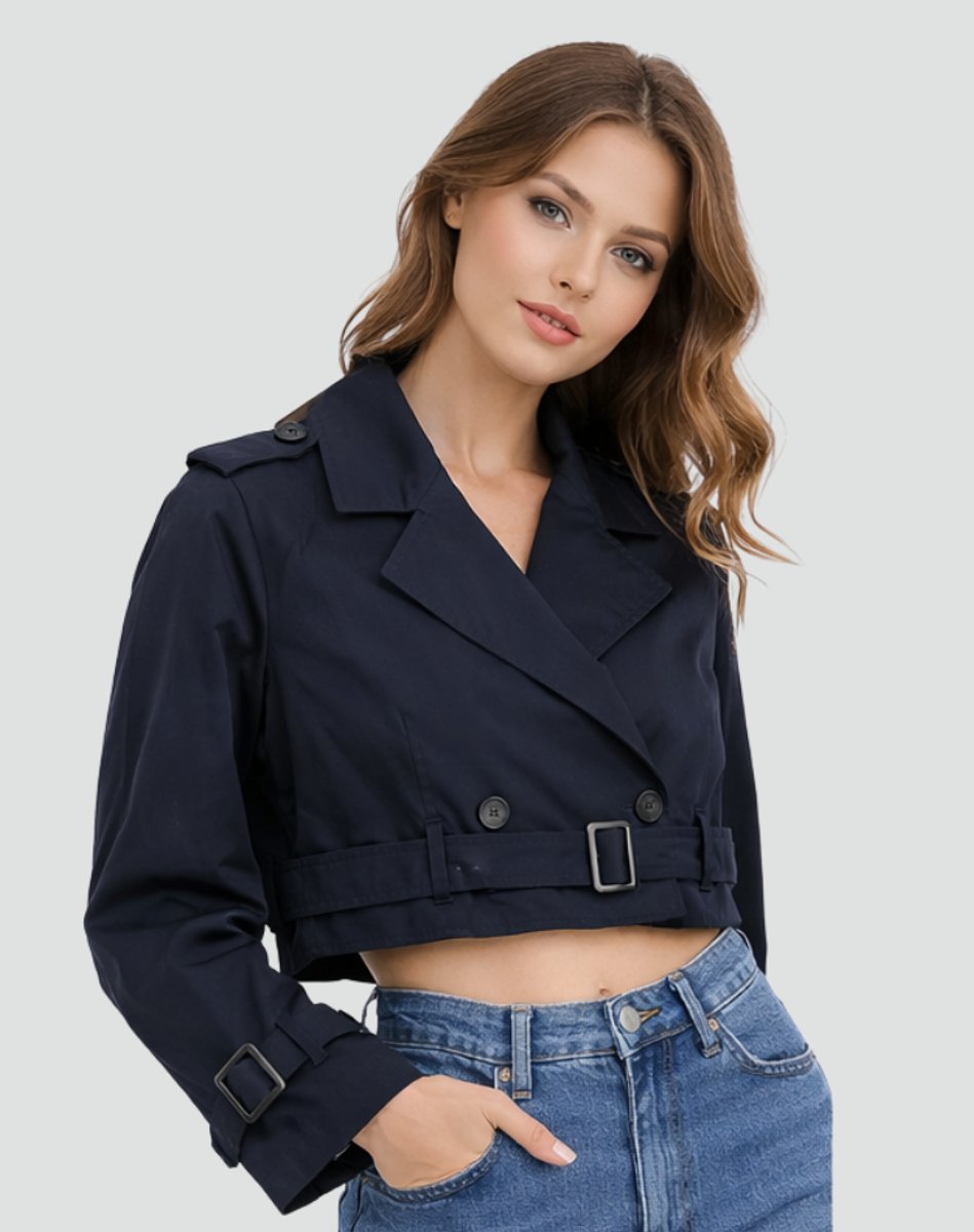 Women's Cropped Double-Breasted Belted Trench Coat Jacket - Sole & Material View | Lavisa