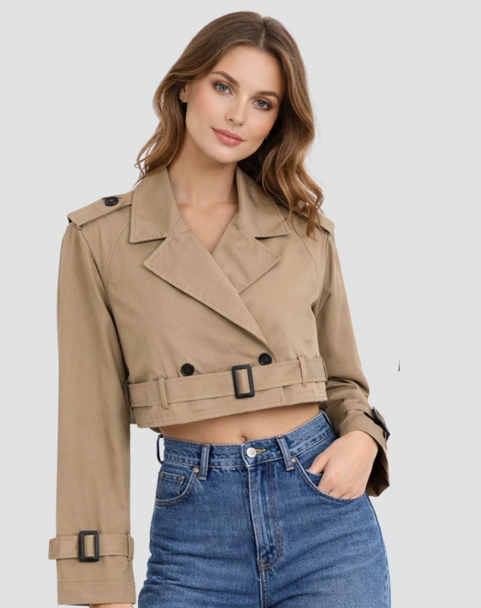Women's Cropped Double-Breasted Belted Trench Coat Jacket - Lifestyle & Model Angle | Lavisa
