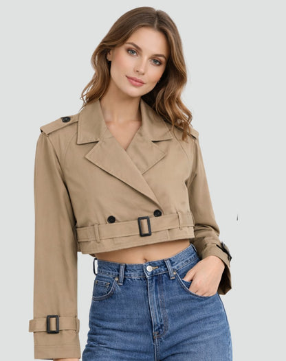 Women's Cropped Double-Breasted Belted Trench Coat Jacket - Lifestyle & Model Angle | Lavisa