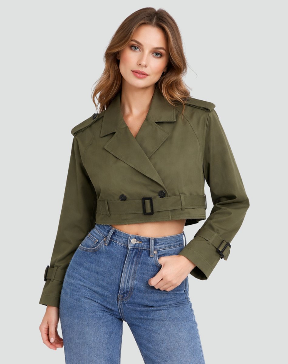 Women's Cropped Double-Breasted Belted Trench Coat Jacket - Variant Angle | Lavisa