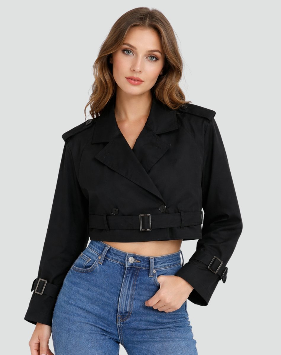 Women's Cropped Double-Breasted Belted Trench Coat Jacket - Variant Style 9 | Lavisa