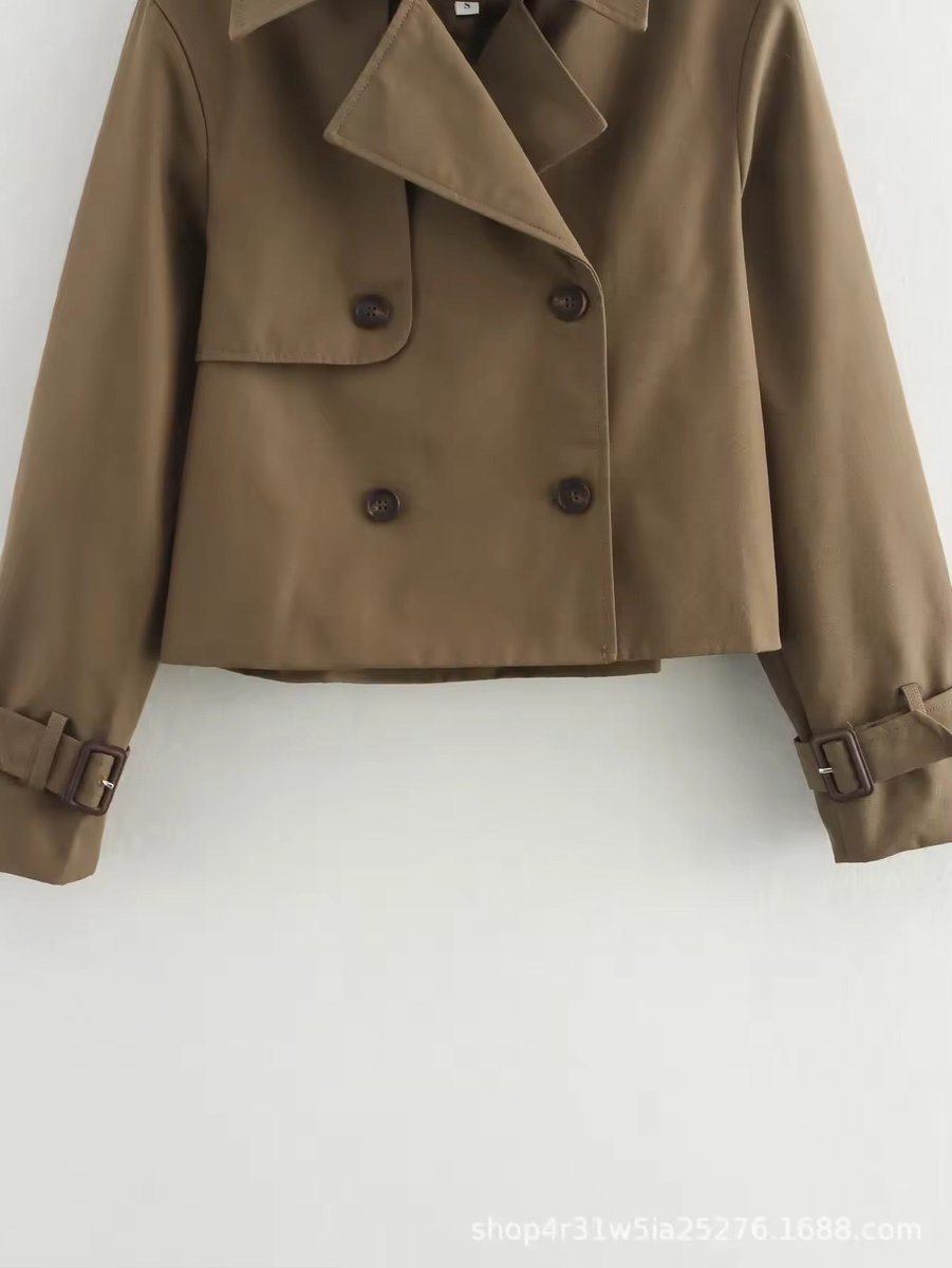 Lavisa - Women's Cropped Double-Breasted Trench Coat Buckle Cuff