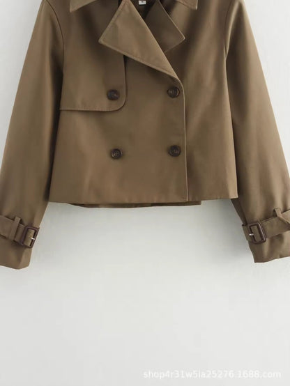 Lavisa - Women's Cropped Double-Breasted Trench Coat Buckle Cuff