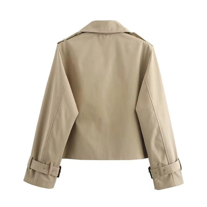 Lavisa - Women's Cropped Double-Breasted Trench Coat Buckle Cuff