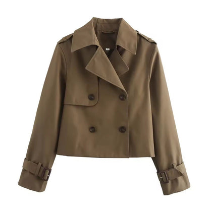 Lavisa - Women's Cropped Double-Breasted Trench Coat Buckle Cuff