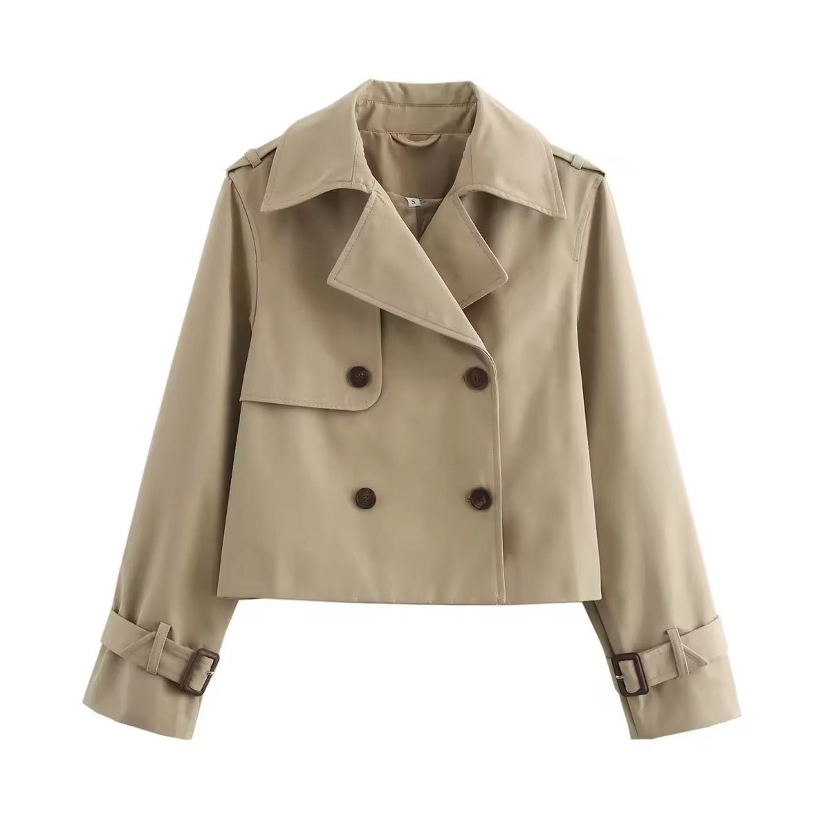 Lavisa - Women's Cropped Double-Breasted Trench Coat Buckle Cuff
