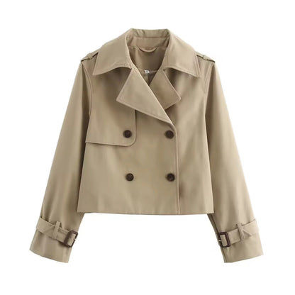 Lavisa - Women's Cropped Double-Breasted Trench Coat Buckle Cuff