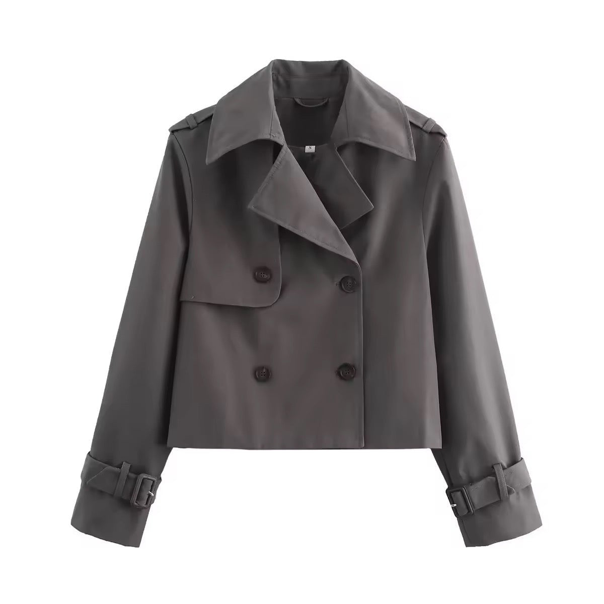 Lavisa - Women's Cropped Double-Breasted Trench Coat Buckle Cuff
