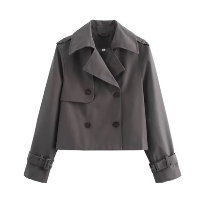 Lavisa - Women's Cropped Double-Breasted Trench Coat Buckle Cuff