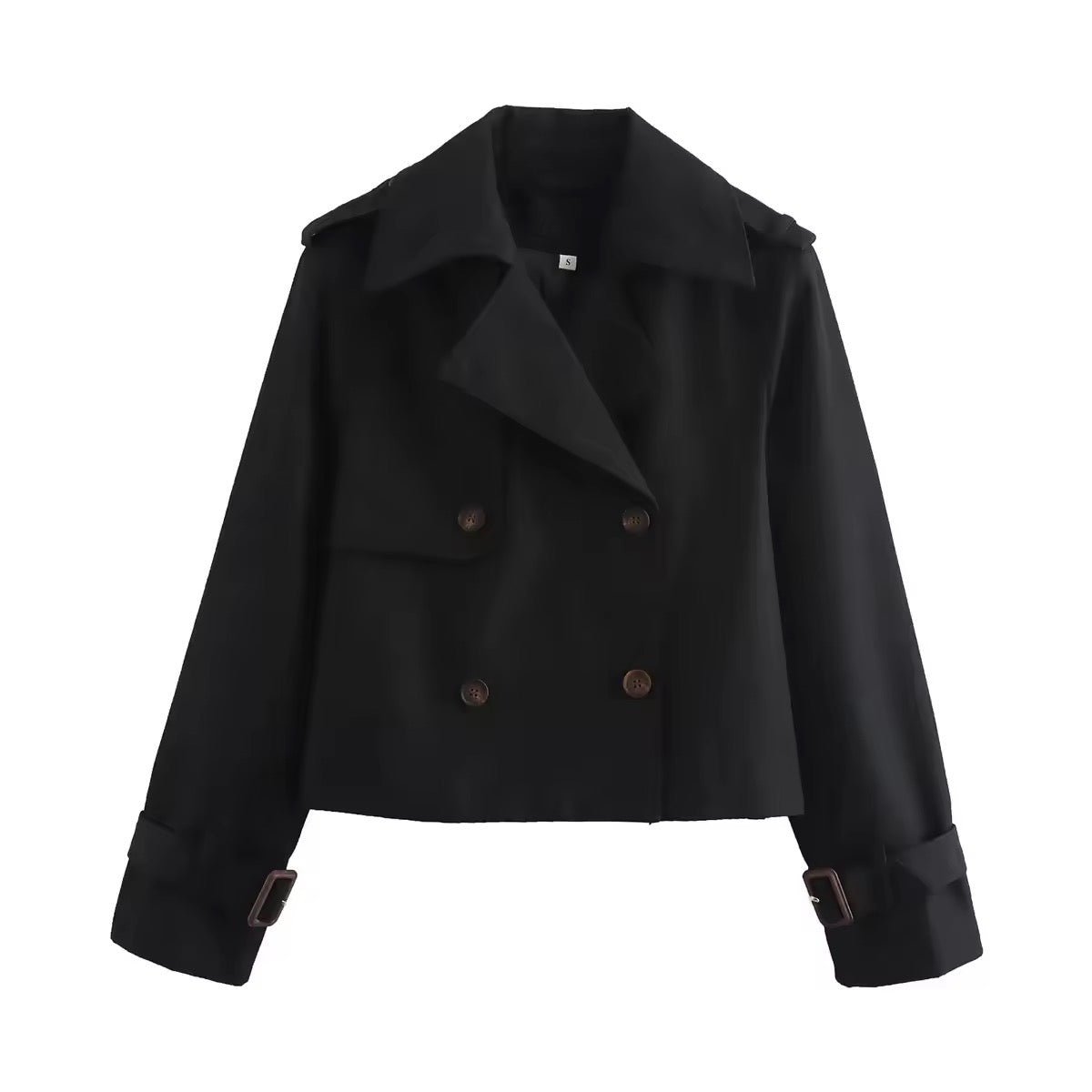 Lavisa - Women's Cropped Double-Breasted Trench Coat Buckle Cuff
