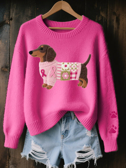 Lavisa - Women's Dachshund Patchwork Relaxed-Fit Knit Sweater Jumper