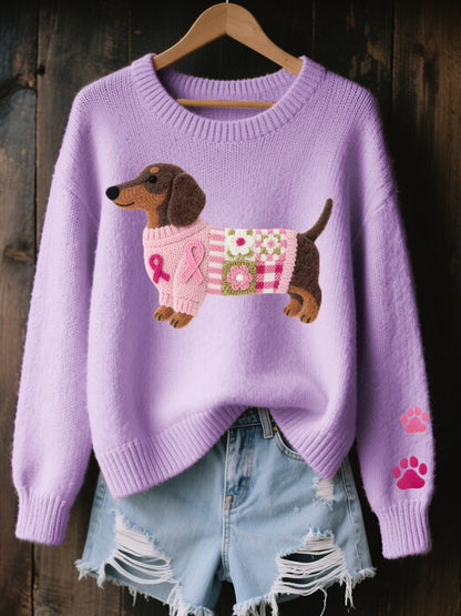 Lavisa - Women's Dachshund Patchwork Relaxed-Fit Knit Sweater Jumper