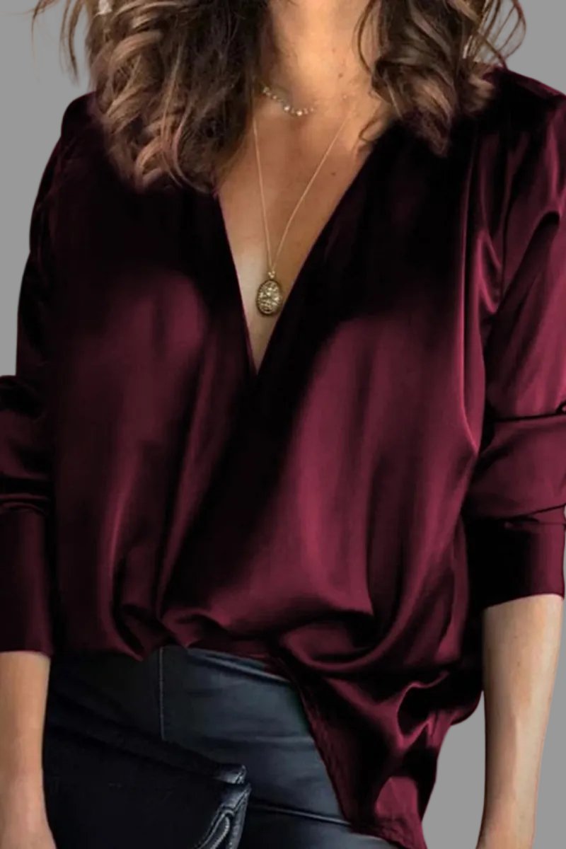 Lavisa - Women's Deep V-Neck Long Sleeve Satin Blouse