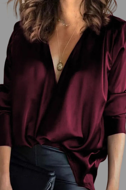 Lavisa - Women's Deep V-Neck Long Sleeve Satin Blouse