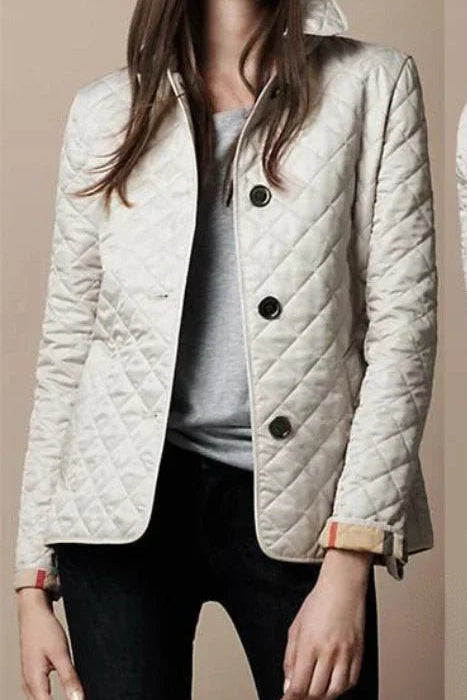Women's Diamond-Quilted Button-Through Tailored Jacket - Close-Up Texture & Detail | Lavisa