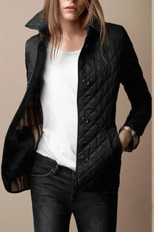 Women's Diamond-Quilted Button-Through Tailored Jacket - Sole & Material View | Lavisa