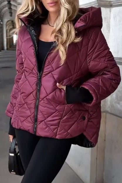 Womens Diamond Quilted Hooded Puffer Jacket - Close-Up Texture & Detail | Lavisa