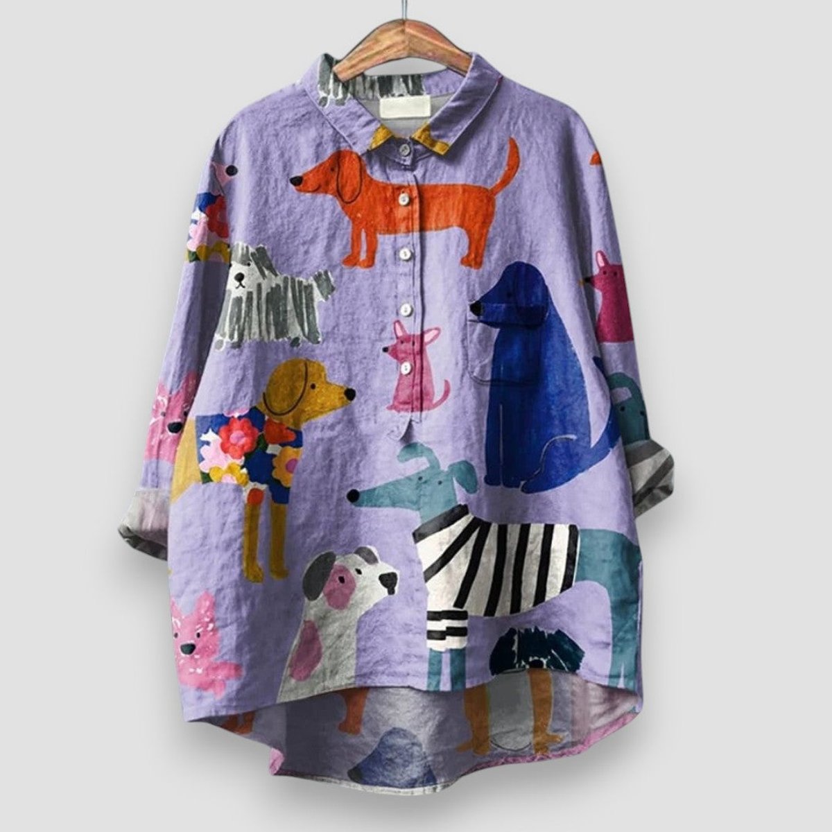 Women's Dog Print Long Sleeve Collared Button Shirt - Front View | Lavisa
