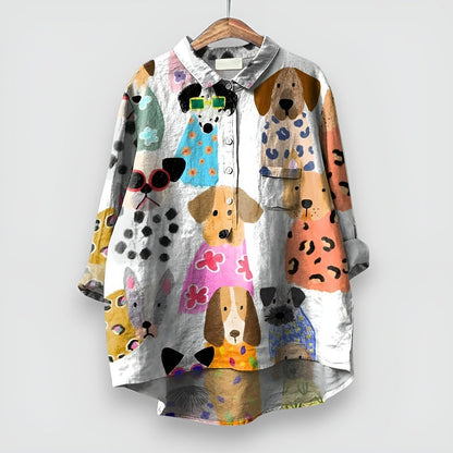 Women's Dog Print Long Sleeve Collared Button Shirt - Side Angle | Lavisa
