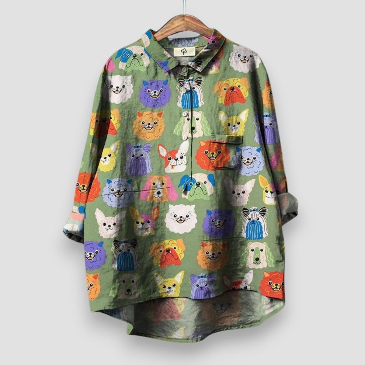 Women's Dog Print Long Sleeve Collared Button Shirt - Back View | Lavisa